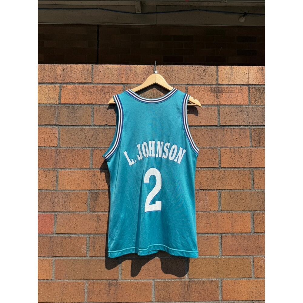 90s Champion Larry Johnson Vintage Teal Charlotte Hornets NBA Basketball Jersey - Picture 8 of 9